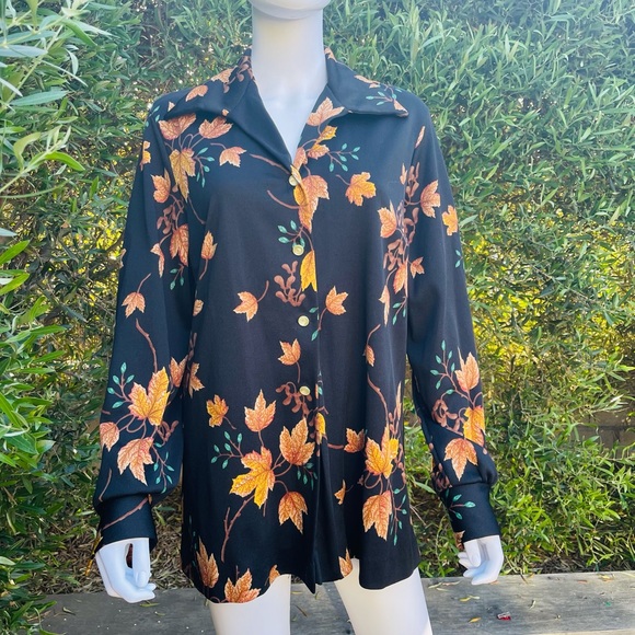 Vintage Polyester Button Down With Maple Leaves - Picture 1 of 9
